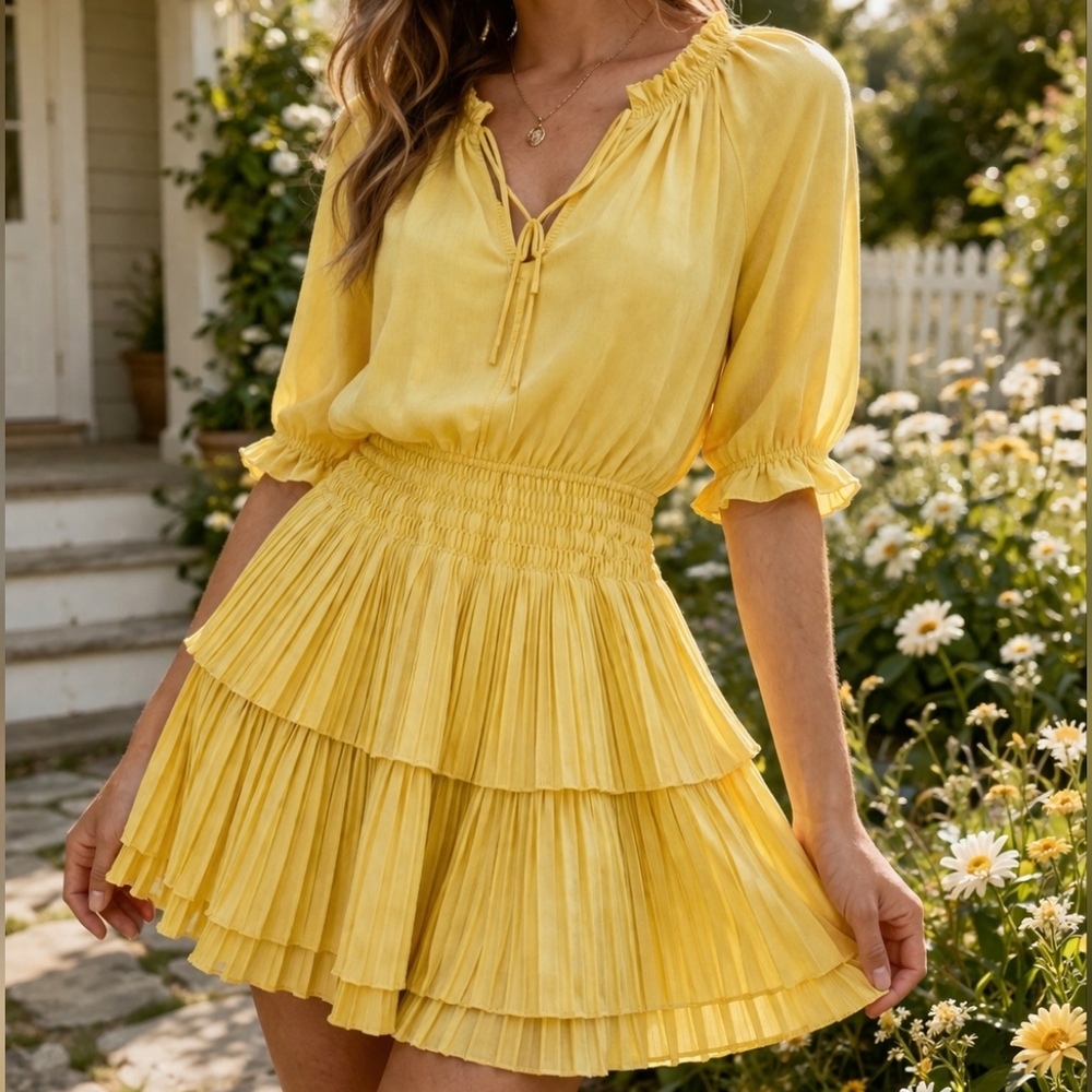 NWT Current Air |  Anthro Yellow Cottagecore Pleated Dress Size L Romantic Boho